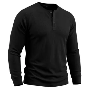 Close-up detail of men's long sleeve black waffle knit Henley shirt with three-button placket.