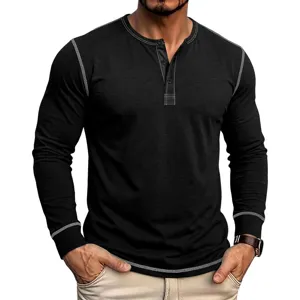 Men's long sleeve henley shirt detail showing contrast stitching and button placket.