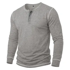 Men's long sleeve Henley shirt casual grey pullover top with button placket detail