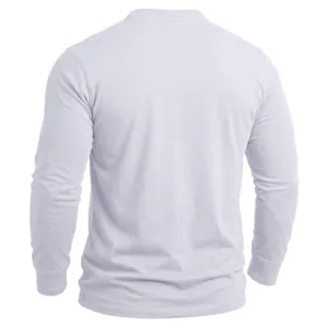 Herren reiner Baumwolle Langarm Basisshirt in weiß, einfarbiges Design Detailansicht.
