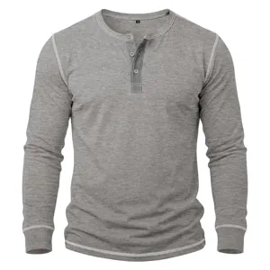 Classic mens grey long sleeve henley shirt with button placket and comfortable knit design.