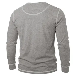 Men's grey long sleeve casual henley shirt detail view with contrast stitching top.