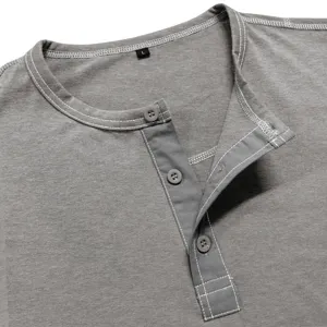 Men's grey long sleeve Henley shirt collar detail showing contrast stitching and button placket.