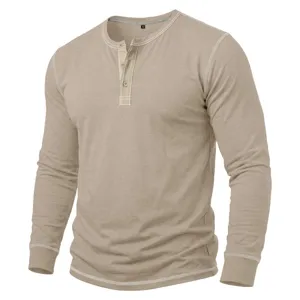 Men's long sleeve henley shirt khaki casual top with contrast stitching and button placket.