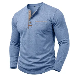 T-shirt Henley homme manches longues avec poche patte contraste haut casual bleu L
