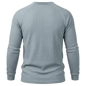 Detailed back view showing the fine waffle knit texture of this gray long sleeve shirt.