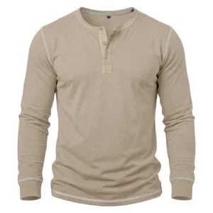 Detail view of khaki long sleeve men henley shirt featuring contrast stitching and button placket.