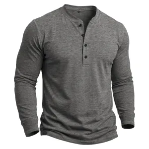 Herren Langarm Henley Shirt Baumwolle Slim Fit einfarbig Tops mit Knöpfen lässig neu
