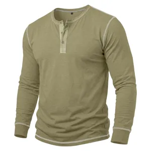 Men's long sleeve Henley shirt detail showing contrast stitching and button placket design.