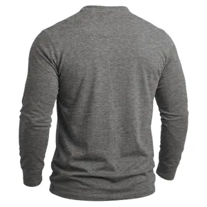 Detaillierte Rückansicht des einfarbigen anthrazitgrauen Herren Langarm Baumwoll T-Shirts.