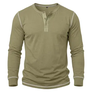 Men's long sleeve Henley shirt casual slim fit cotton tee with contrast stitching and buttons.