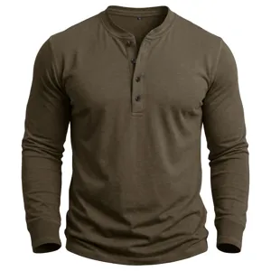 Herren Baumwolle Langarm Henley Shirt Einfarbig Gruen Freizeit Oberteil Mode Neu