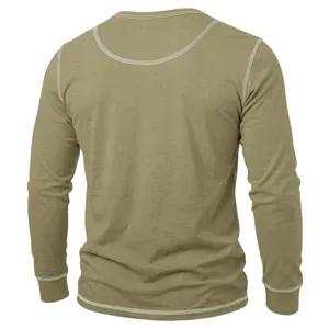 Men's long sleeve Henley shirt autumn winter casual thermal top with contrast stitching.