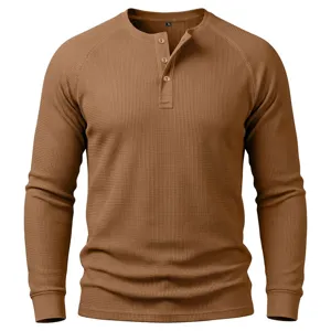 Mens long sleeve waffle knit Henley shirt casual three button basic top in brown color