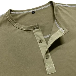 Detail view of men's olive green long sleeve Henley shirt with contrast white stitching.