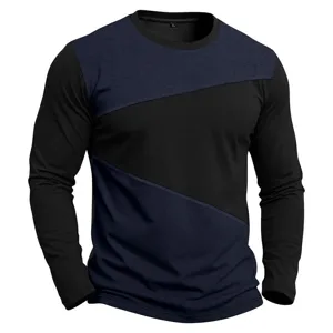 Vista dettagliata della maglietta a maniche lunghe bicolore nera e blu scuro slim fit.