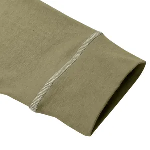 Men's long sleeve henley shirt sleeve detail, olive green cotton knit fabric with neat stitching.