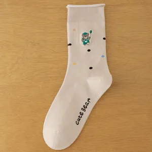 Beige cartoon embroidered mid-tube socks for women, cute bear pattern with rolled edge.
