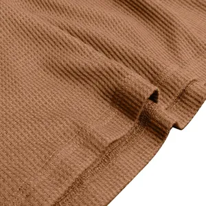 Men's long sleeve waffle knit Henley shirt fabric close up detail view brown color basic style.