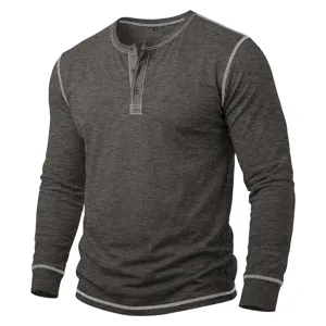 Men's long sleeve Henley shirt casual dark grey pullover top with contrast stitching
