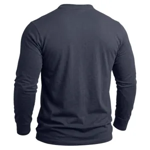 Herren Langarm Baumwoll T-Shirt Rückansicht Detail, dunkle blaue Freizeitkleidung.