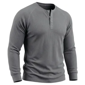 Men's long sleeve waffle knit Henley shirt casual thermal basic 3-button pullover top gray.