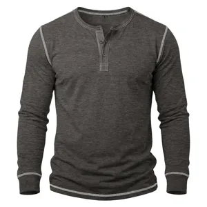 Men's long sleeve Henley shirt casual contrast stitch basic pullover top autumn