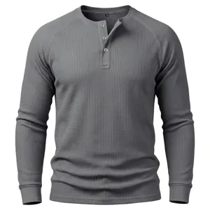 Men long sleeve waffle knit Henley shirt grey basic top casual clothing detail view