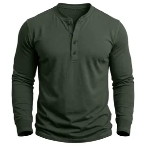 Herren langarm Henley Shirt einfarbig Baumwolle Freizeit Unterhemd dunkelgrün Größe XL