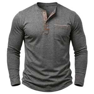 Chemise Henley Homme Manches Longues Bloc de Couleur Top Coton Casual avec Poche