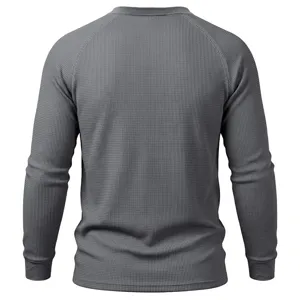 Back view of men's waffle long sleeve basic shirt showcasing texture and fit details.