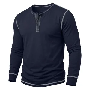 Men's long sleeve Henley shirt dark blue contrast stitching casual top for autumn winter.