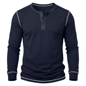 Men's long sleeve henley shirt casual contrast stitch navy top comfortable daily wear