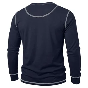 Men's long sleeve henley shirt back detail, dark blue with white contrast stitching top.