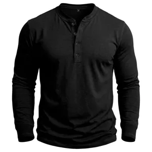 Herren schwarzes Langarm Henley Shirt Baumwolle Freizeitoberteil Unterziehshirt
