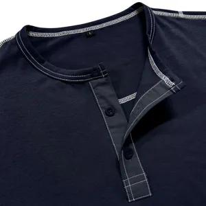 Men's long sleeve Henley shirt detail, contrast stitching, button placket collar view.