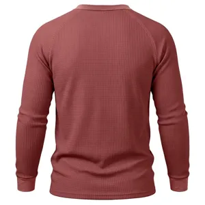 Men's long sleeve waffle knit thermal shirt back view detail showing texture and fit.