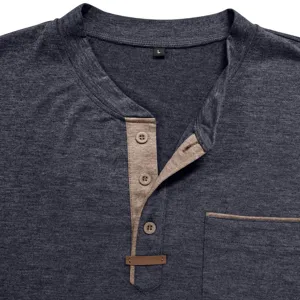 Detail de gros plan de chemise Henley homme a manches longues et patte de bouton.