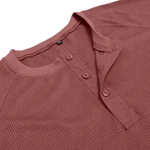 Mens waffle knit long sleeve Henley shirt casual basic top with button placket size L