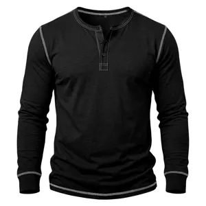 Detail view of men long sleeve black henley shirt featuring white contrast stitching.