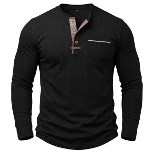 T-shirt Henley à manches longues pour homme avec bordure contrastée et poche poitrine.