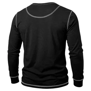 Detailed rear view of men's long sleeve black t-shirt featuring contrast white stitching design.