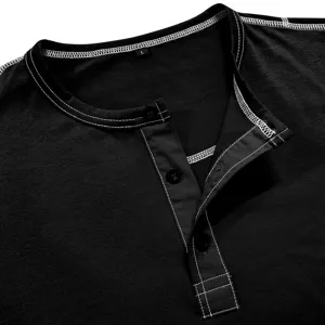 Detailed view of mens black long sleeve henley shirt with white contrast stitching and buttons.