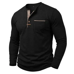 T-shirt Henley manches longues pour homme avec patte contrastée et poche poitrine