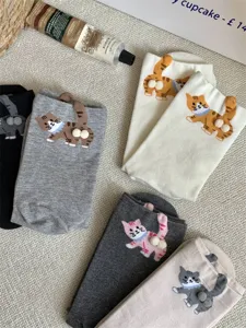 Cute 3D cat cartoon mid tube socks with funny pompom design comfortable cotton novelty socks