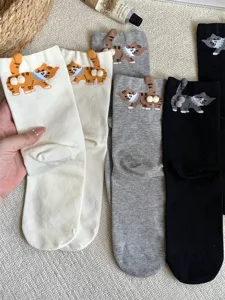 Cute 3D cat pom pom crew socks for women, fun cartoon kitten casual cotton hosiery.