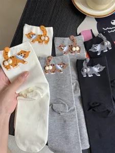 Cute 3D cat pom-pom mid-calf socks for women, fun cartoon kitty design cotton hosiery