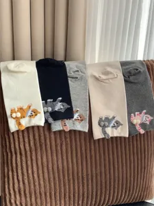 Cute 3D cat pom-pom mid-tube socks detail, funny cartoon style knit socks for women.