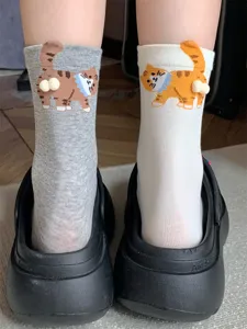 Cute cartoon cat mid-tube socks with 3D plush balls for women funny casual wear daily