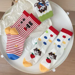 Cute cartoon cat designer women cotton socks vintage color block daily fashion hosiery